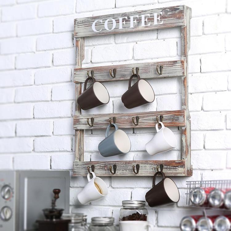 12-Hook Rustic Wall-Mounted Wood Coffee Mug Holder, Kitchen Storage Rack, Brown - MyGift Enterprise LLC