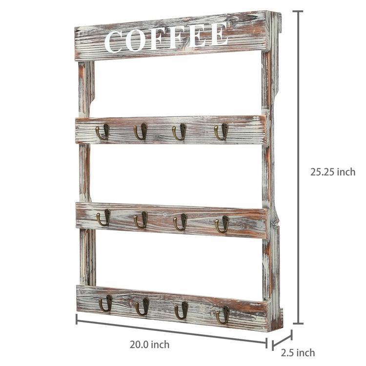 12-Hook Rustic Wall-Mounted Wood Coffee Mug Holder, Kitchen Storage Rack, Brown - MyGift Enterprise LLC