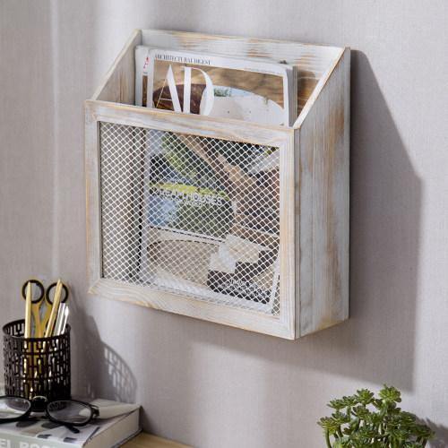 Rustic Whitewashed Wood & Chicken Wire Magazine Holder - MyGift