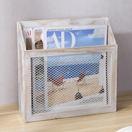 Rustic Whitewashed Wood & Chicken Wire Magazine Holder - MyGift
