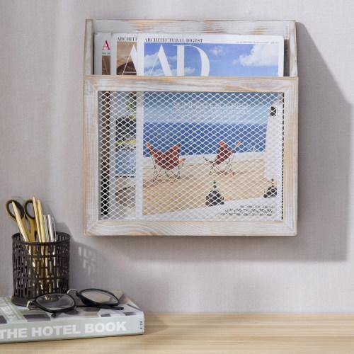 Rustic Whitewashed Wood & Chicken Wire Magazine Holder - MyGift