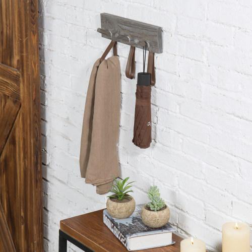 Rustic Wood Coat Rack with Leather Straps - MyGift
