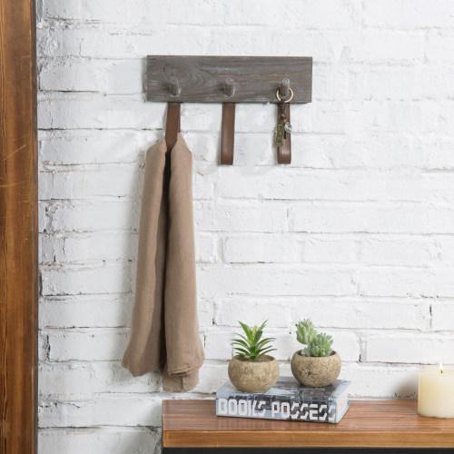 Rustic Wood Coat Rack with Leather Straps - MyGift