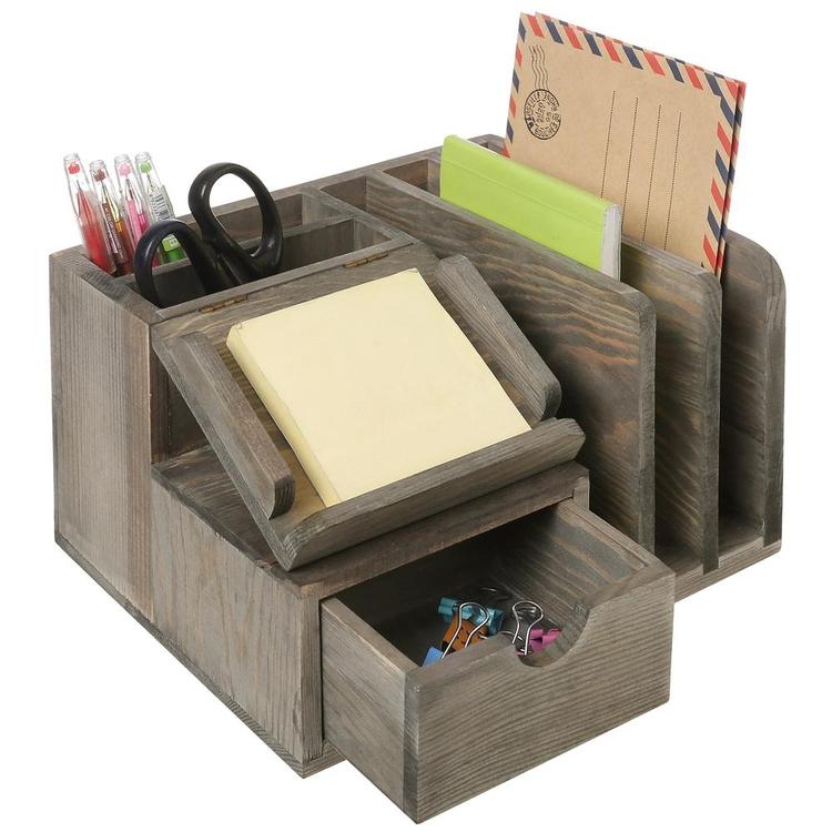 Rustic Wood Desktop Organizer w/ Notepad Holder, Mail Slots & Pullout Drawer - MyGift Enterprise LLC