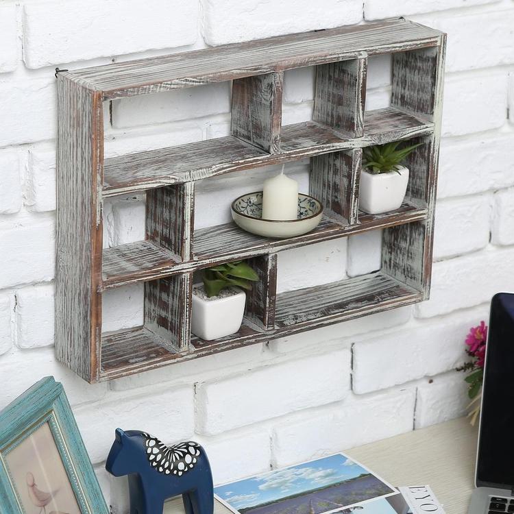 9-Compartment Rustic Wood Freestanding & Wall Mountable Shadow Box Display Shelf - MyGift Enterprise LLC