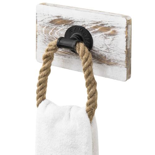Rustic Wood & Industrial Pipe and Rope Towel Ring, Whitewashed