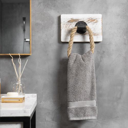 Rustic Wood & Industrial Pipe and Rope Towel Ring, Whitewashed