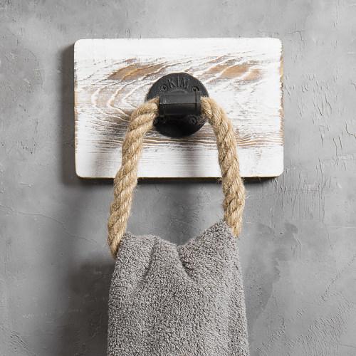 Rustic Wood & Industrial Pipe and Rope Towel Ring, Whitewashed
