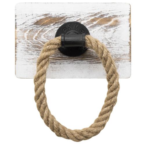 Rustic Wood & Industrial Pipe and Rope Towel Ring, Whitewashed