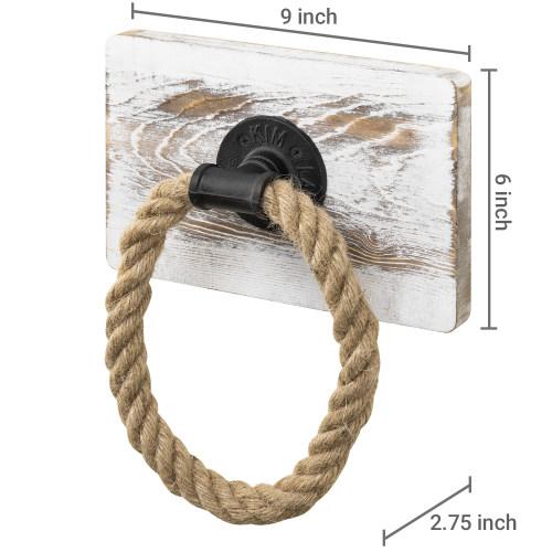 Rustic Wood & Industrial Pipe and Rope Towel Ring, Whitewashed