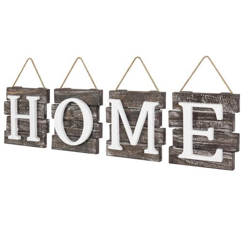 Rustic Wood Tile Signs with Hanging Rope - HOME