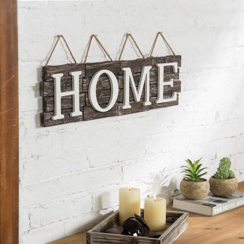 Rustic Wood Tile Signs with Hanging Rope - HOME