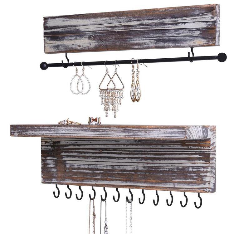 Rustic Wood Wall Mounted Hanging Jewelry Organizers, Set of 2 - MyGift