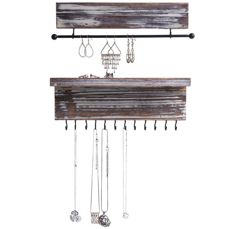 Rustic Wood Wall Mounted Hanging Jewelry Organizers, Set of 2 - MyGift