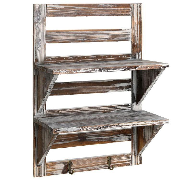 Rustic Wood Wall Mounted Organizer Shelves with Hooks - MyGift