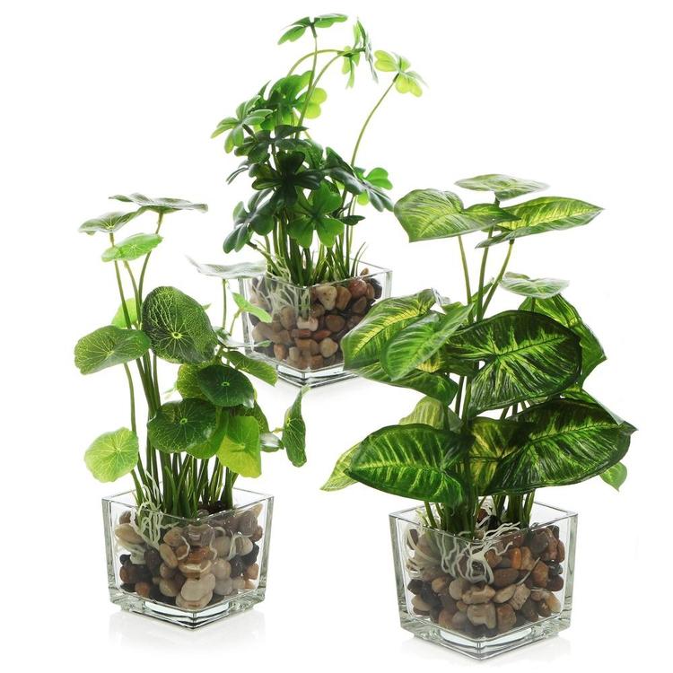 Set of 3 Artificial Plants, Faux Tabletop Greenery w/ Clear Glass Pots - MyGift Enterprise LLC