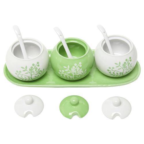 Set of 3 Lime Green & White Ceramic Condiment Pots w/tray - MyGift