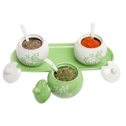 Set of 3 Lime Green & White Ceramic Condiment Pots w/tray - MyGift