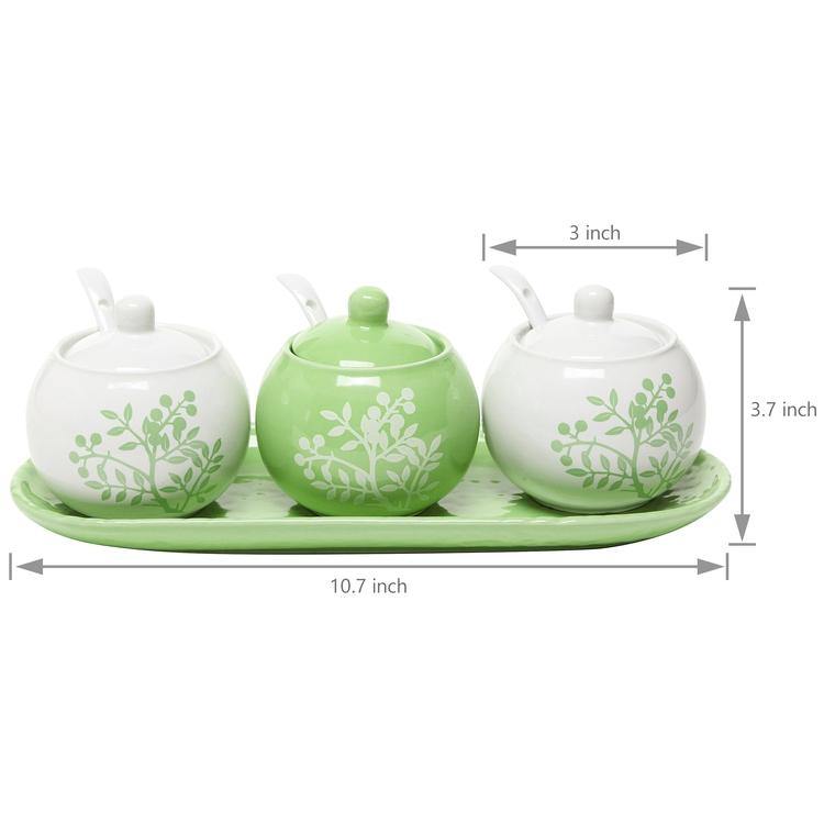 Set of 3 Lime Green & White Ceramic Condiment Pots w/tray - MyGift