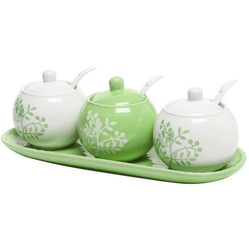 Set of 3 Lime Green & White Ceramic Condiment Pots w/tray - MyGift