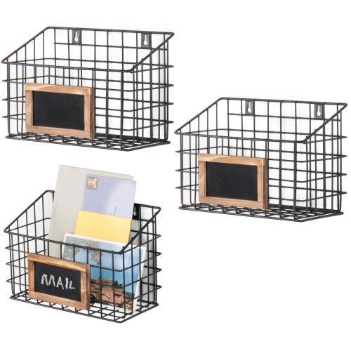 Set of 3 Wall-Mounted Rustic Wire Storage Baskets w/Chalkboard Labels - MyGift