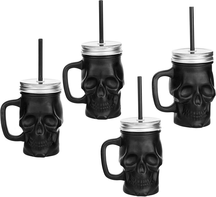 Set of 4 Matte Black Glass Skull-Shaped Drink Cups with Jar Lid & Straw
