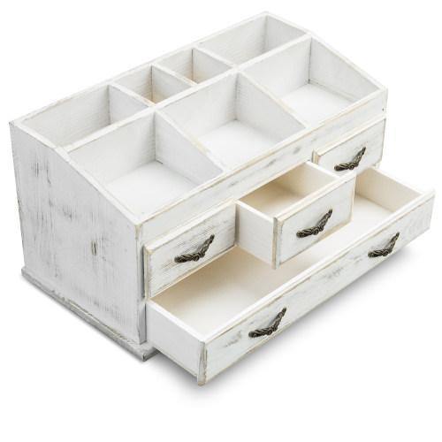 Shabby Whitewashed Solid Wood Vanity Organizer with Drawers - MyGift