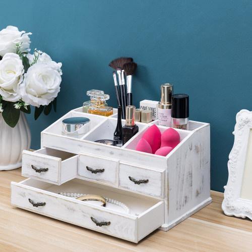 Shabby Whitewashed Solid Wood Vanity Organizer with Drawers - MyGift