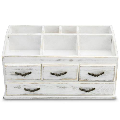 Shabby Whitewashed Solid Wood Vanity Organizer with Drawers - MyGift