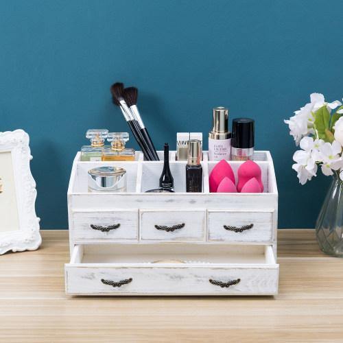 Shabby Whitewashed Solid Wood Vanity Organizer with Drawers - MyGift