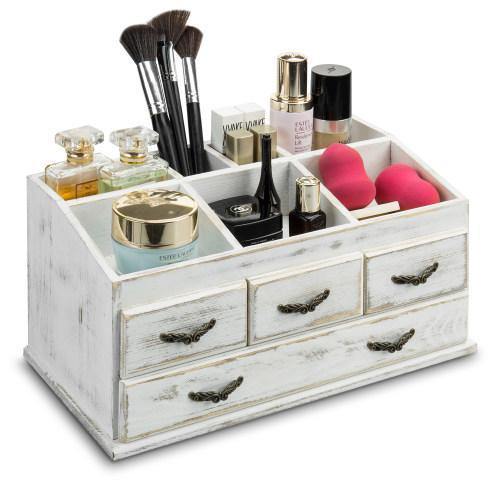 Shabby Whitewashed Solid Wood Vanity Organizer with Drawers - MyGift