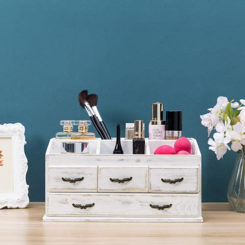 Shabby Whitewashed Solid Wood Vanity Organizer with Drawers - MyGift