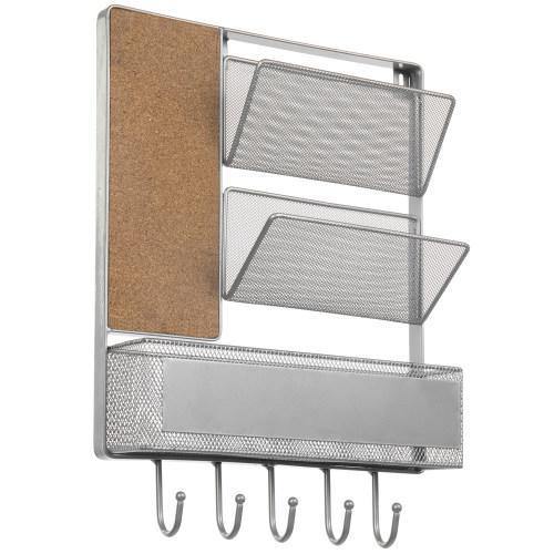 Silver Metal Mesh Organizer Rack with Mail Basket, Cork Board & Key Hooks - MyGift