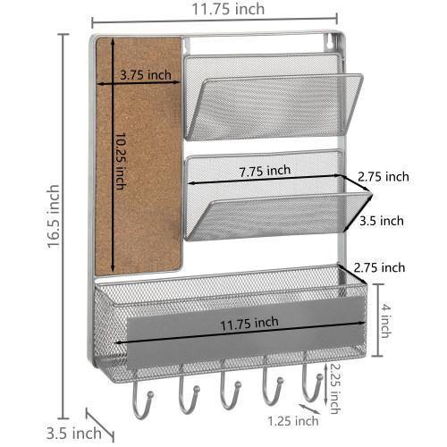 Silver Metal Mesh Organizer Rack with Mail Basket, Cork Board & Key Hooks - MyGift