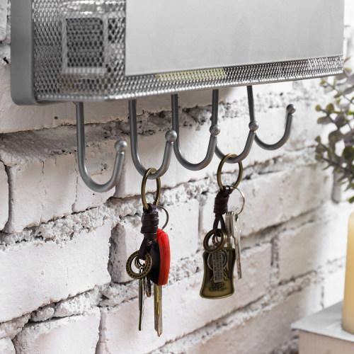 Silver Metal Mesh Organizer Rack with Mail Basket, Cork Board & Key Hooks - MyGift