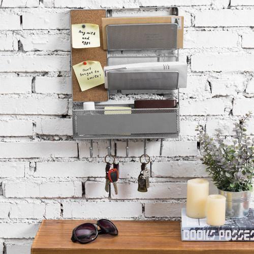 Silver Metal Mesh Organizer Rack with Mail Basket, Cork Board & Key Hooks - MyGift