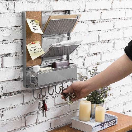 Silver Metal Mesh Organizer Rack with Mail Basket, Cork Board & Key Hooks - MyGift