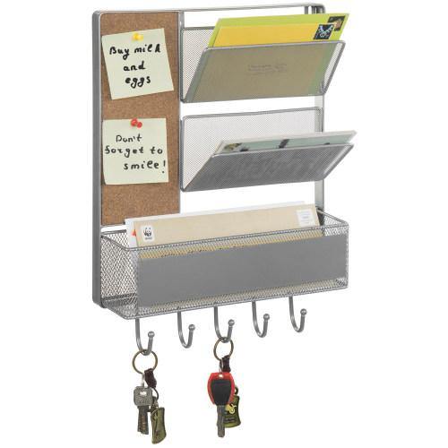 Silver Metal Mesh Organizer Rack with Mail Basket, Cork Board & Key Hooks - MyGift