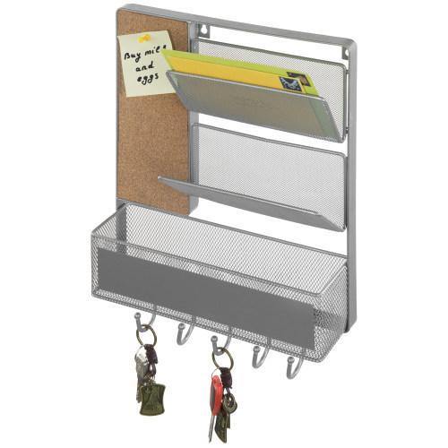 Silver Metal Mesh Organizer Rack with Mail Basket, Cork Board & Key Hooks - MyGift