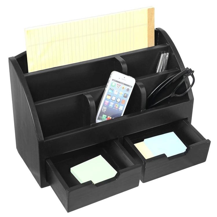 6 Compartment Modern Wood Desktop Organizer with 2 Drawers, Black - MyGift Enterprise LLC