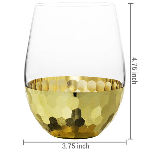 Stemless Wine Glasses with Hammered Gold Hexagon Bottom Set of 4 Large  Barware