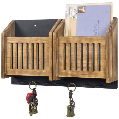 Solid Burnt Wood & Black Metal Wall Mounted Entryway Mail Sorter Rack - MyGift