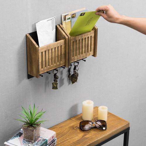 Solid Burnt Wood & Black Metal Wall Mounted Entryway Mail Sorter Rack - MyGift