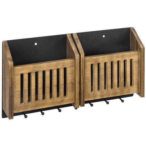 Solid Burnt Wood & Black Metal Wall Mounted Entryway Mail Sorter Rack - MyGift