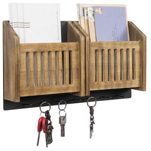 Solid Burnt Wood & Black Metal Wall Mounted Entryway Mail Sorter Rack - MyGift