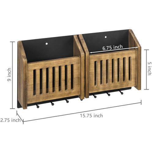 Solid Burnt Wood & Black Metal Wall Mounted Entryway Mail Sorter Rack - MyGift