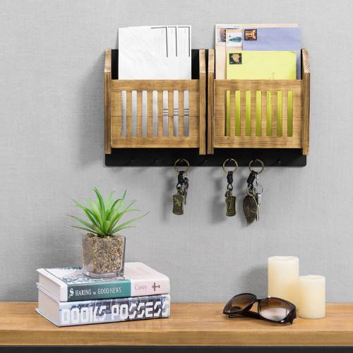 Solid Burnt Wood & Black Metal Wall Mounted Entryway Mail Sorter Rack - MyGift