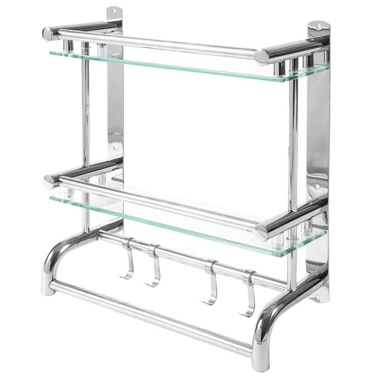 Wall Mounted Stainless Steel Bathroom Rack with 2 Glass Shelves & 2 Towel Bars with Hooks - MyGift Enterprise LLC