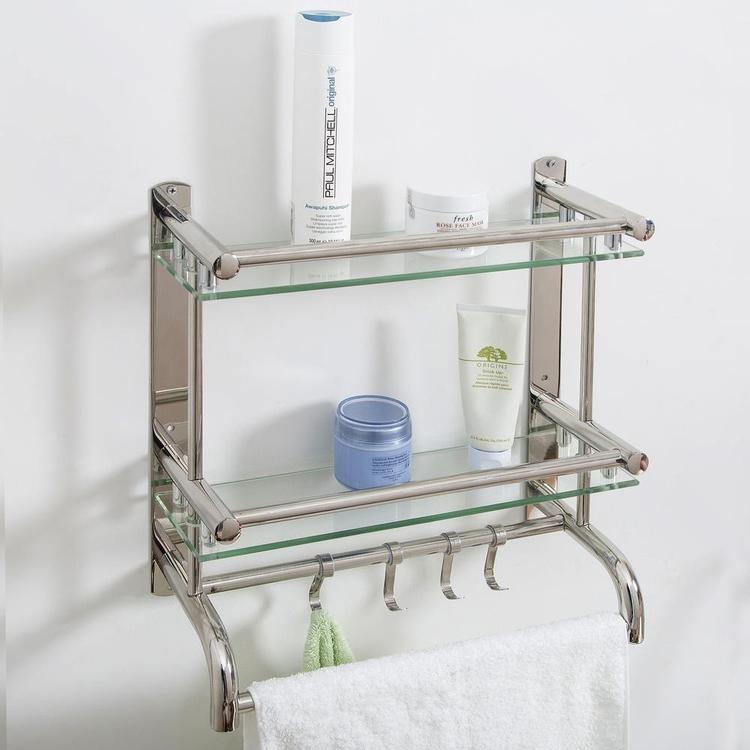 Wall Mounted Stainless Steel Bathroom Rack with 2 Glass Shelves & 2 Towel Bars with Hooks - MyGift Enterprise LLC