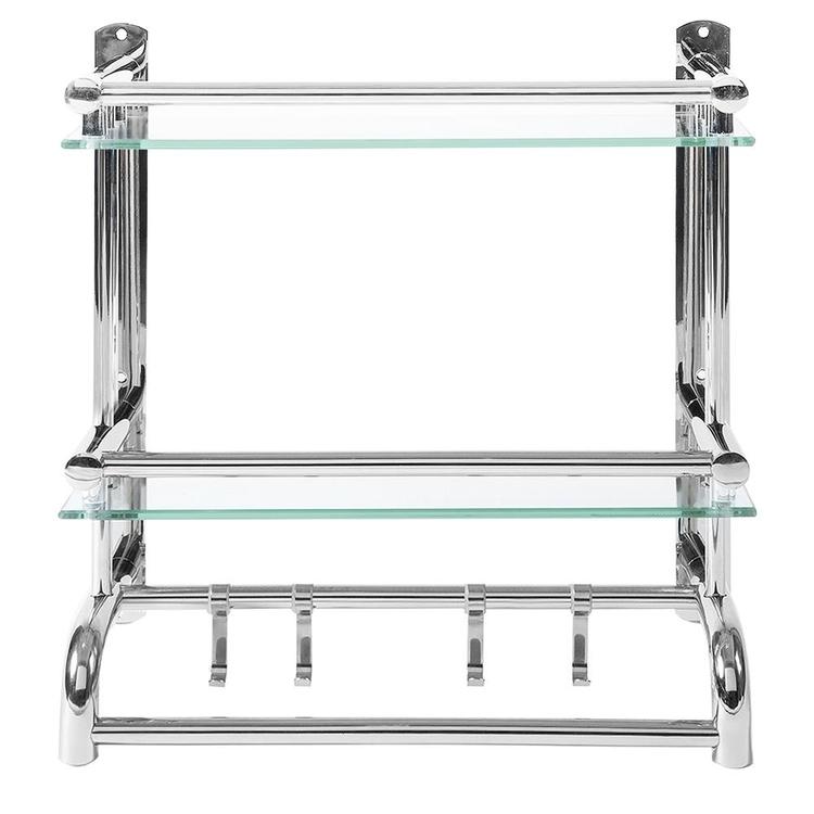 Wall Mounted Stainless Steel Bathroom Rack with 2 Glass Shelves & 2 Towel Bars with Hooks - MyGift Enterprise LLC